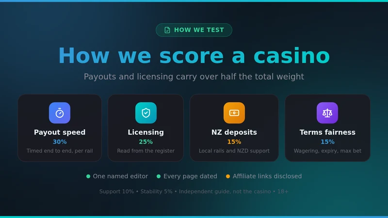 How this site scores a casino: payout speed 30 percent, licensing 25 percent, New Zealand deposits 15 percent, terms fairness 15 percent