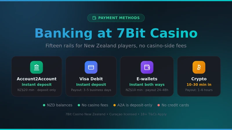 7Bit Casino payment methods for New Zealand: Account2Account, Visa Debit, e-wallets and crypto with speeds and limits