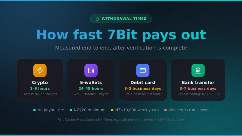 7Bit Casino withdrawal times by method: crypto 1-6 hours, e-wallets 24-48 hours, cards 3-5 days, bank transfer 3-7 days